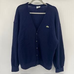 Lacoste 100% Wool Cardigan Button Sweater Mens L Navy Blue Preppy Ivy 80s 90s